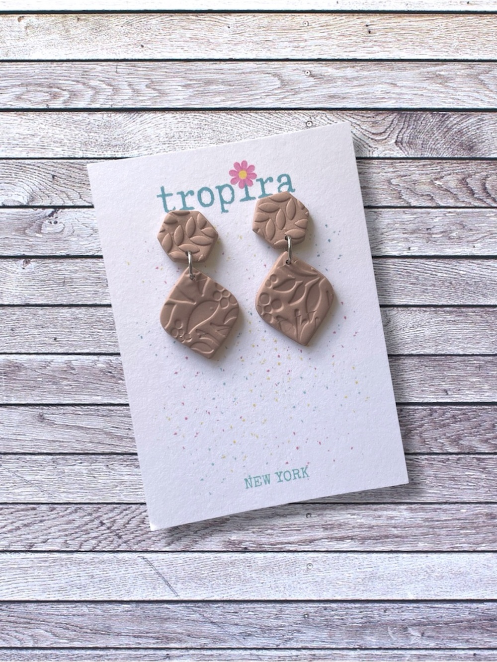 Tan Embossed Dangling Polymer Clay Earrings